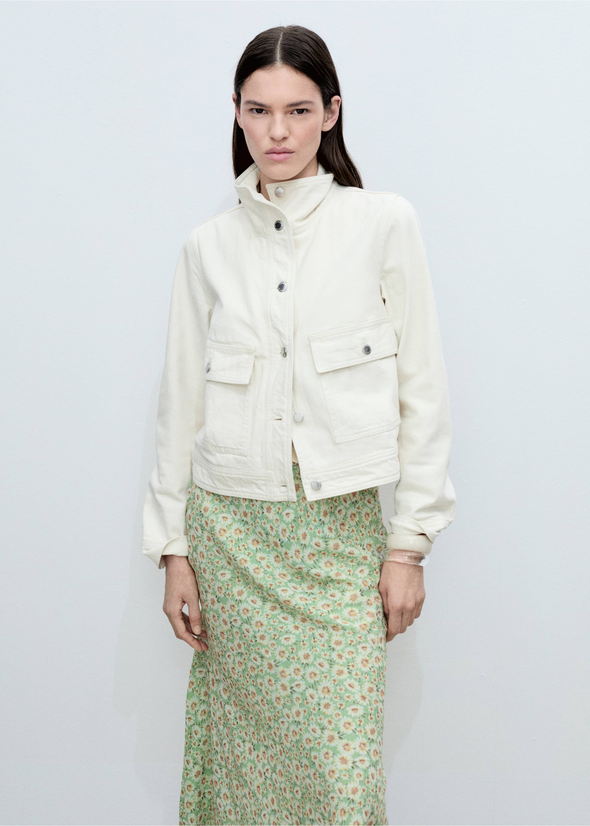 Long floral flared skirt - Details of the article 1, Pastel Green. Ref: 87075757-00.