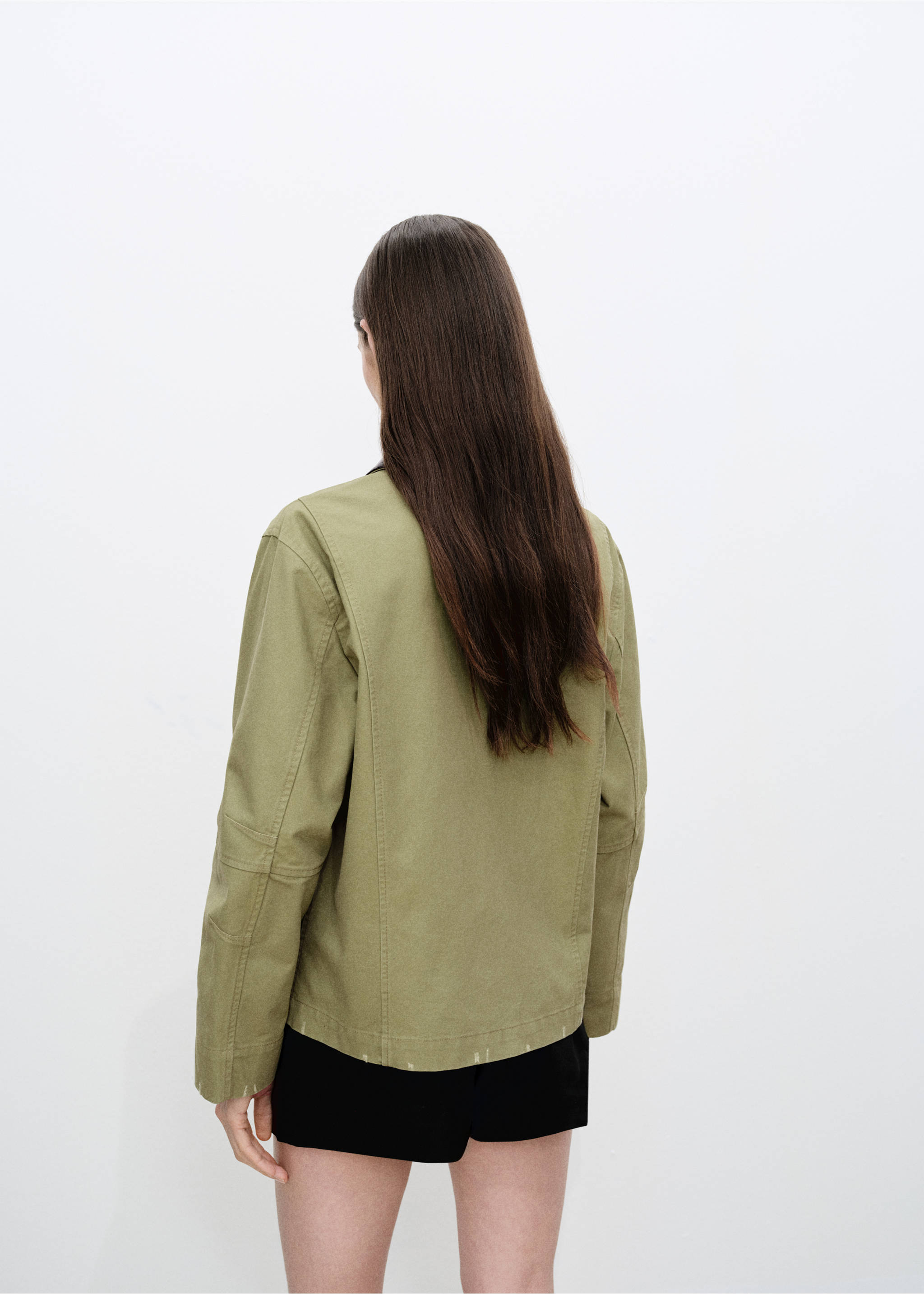 Cotton jacket with contrasting collar - Reverse of the article, Khaki. Ref: 87075944-00.