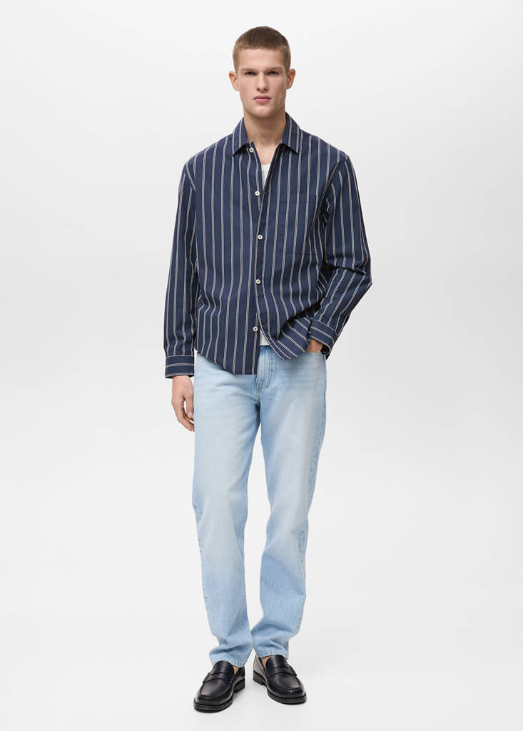 Regular-fit striped 100% cotton shirt — Dark Navy