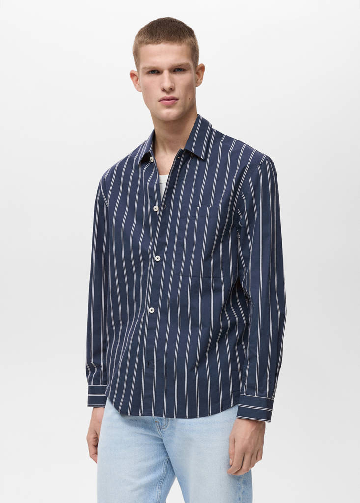 Regular-fit striped 100% cotton shirt — Dark Navy