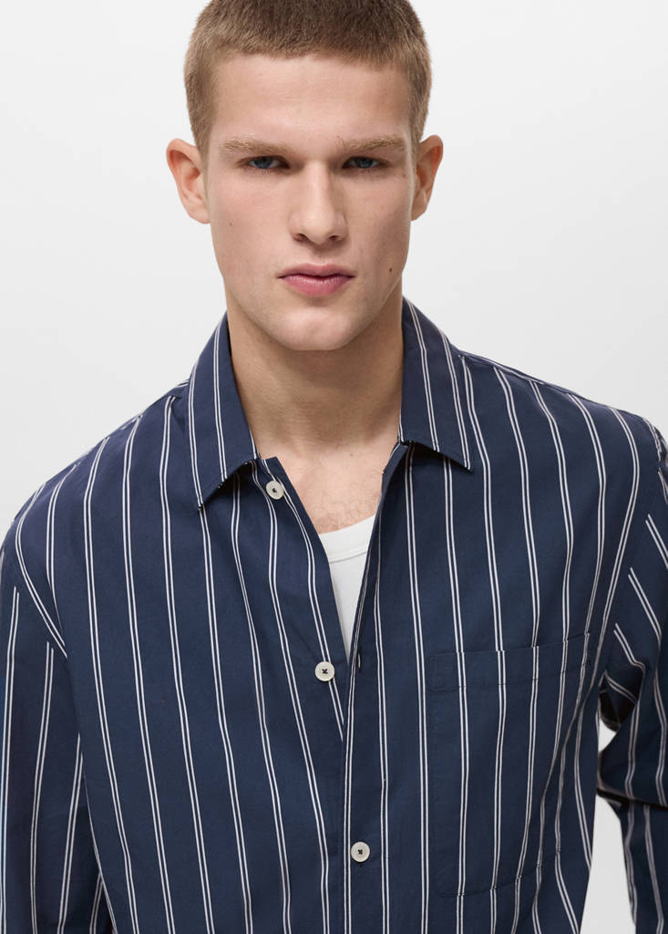 Regular-fit striped 100% cotton shirt — Dark Navy