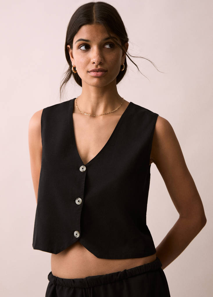 Linen waistcoat with buttons — Black