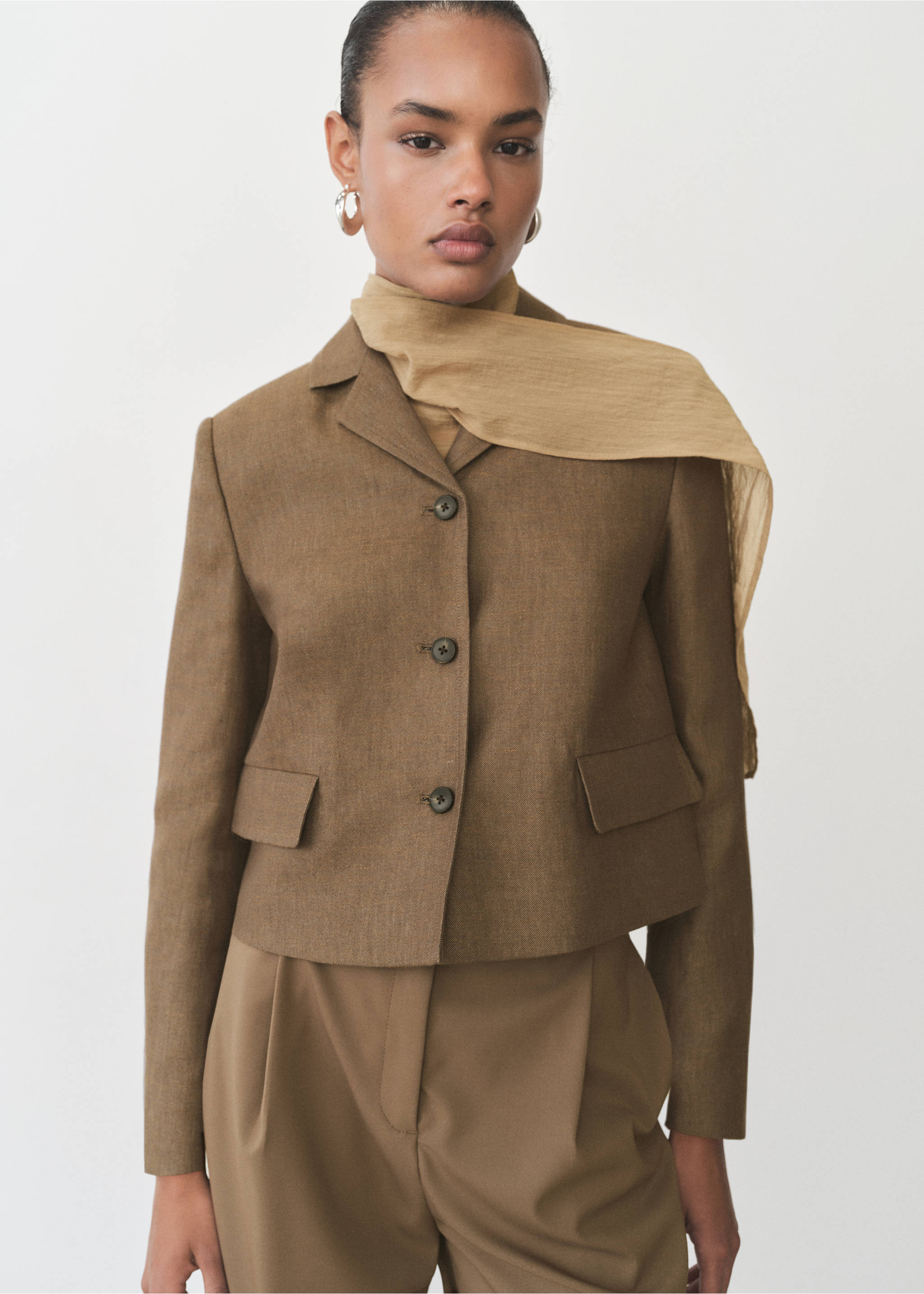 Linen-blend cropped jacket - Medium plane, Chocolate. Ref: 87076352-00.