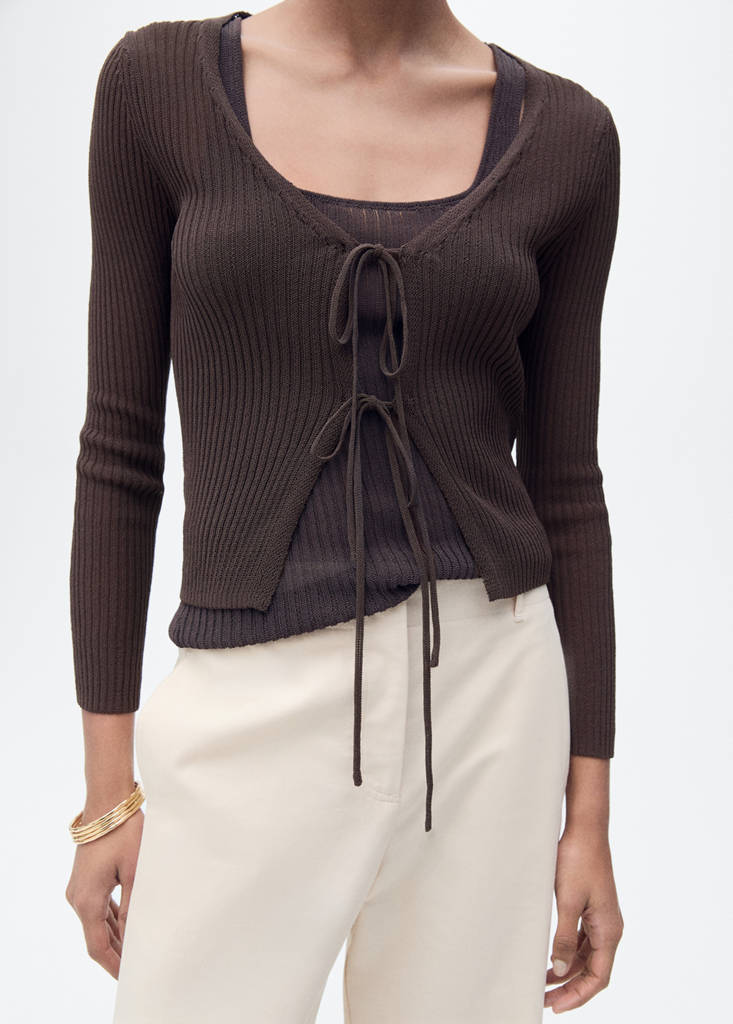 Rib-knit cardigan with bows — Chocolate