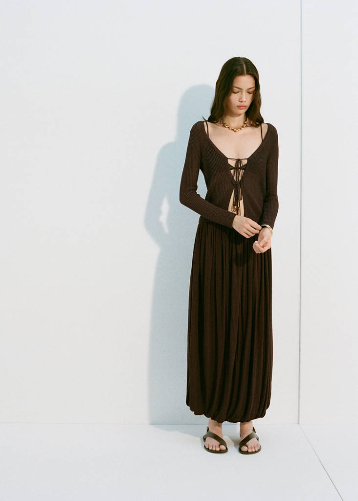 Rib-knit cardigan with bows — Chocolate