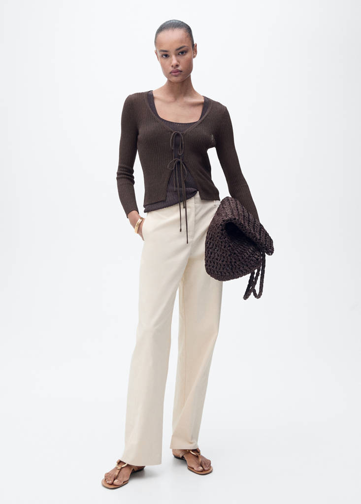 Rib-knit cardigan with bows — Chocolate