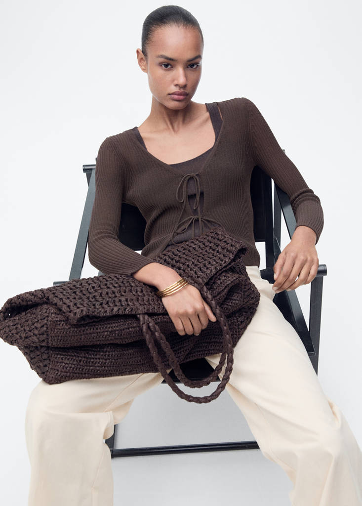 Rib-knit cardigan with bows — Chocolate