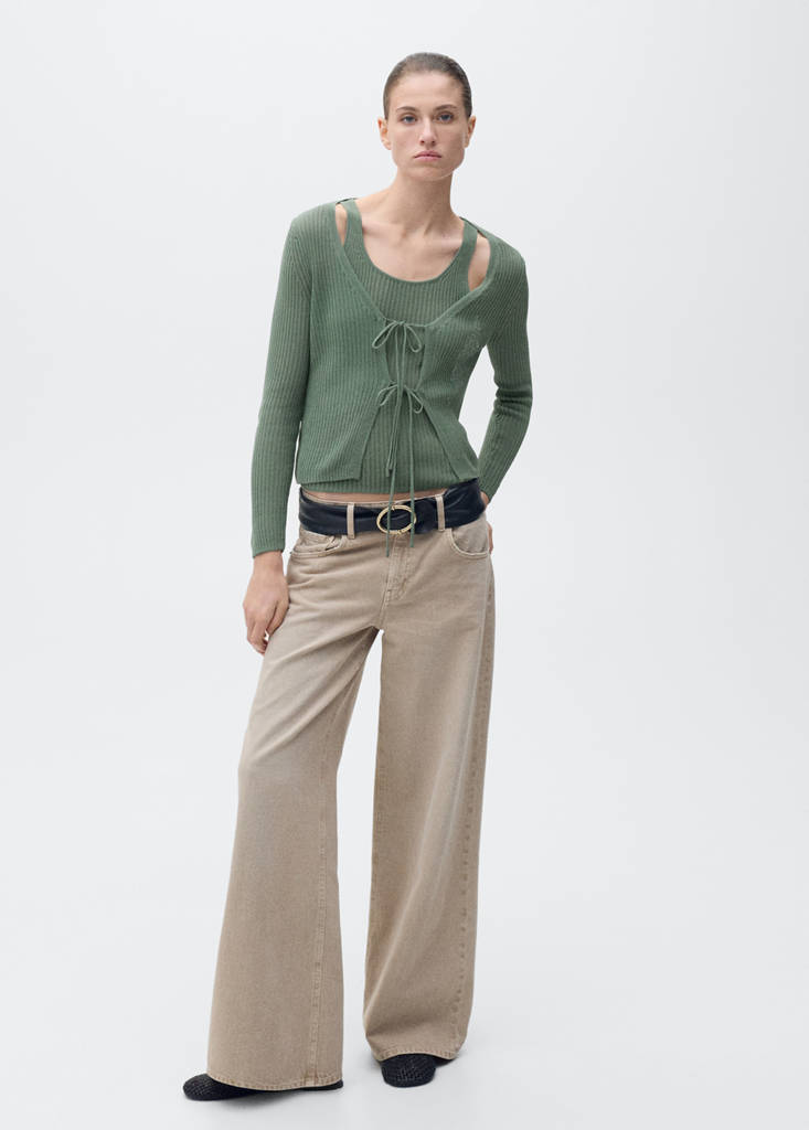 Rib-knit cardigan with bows — Green