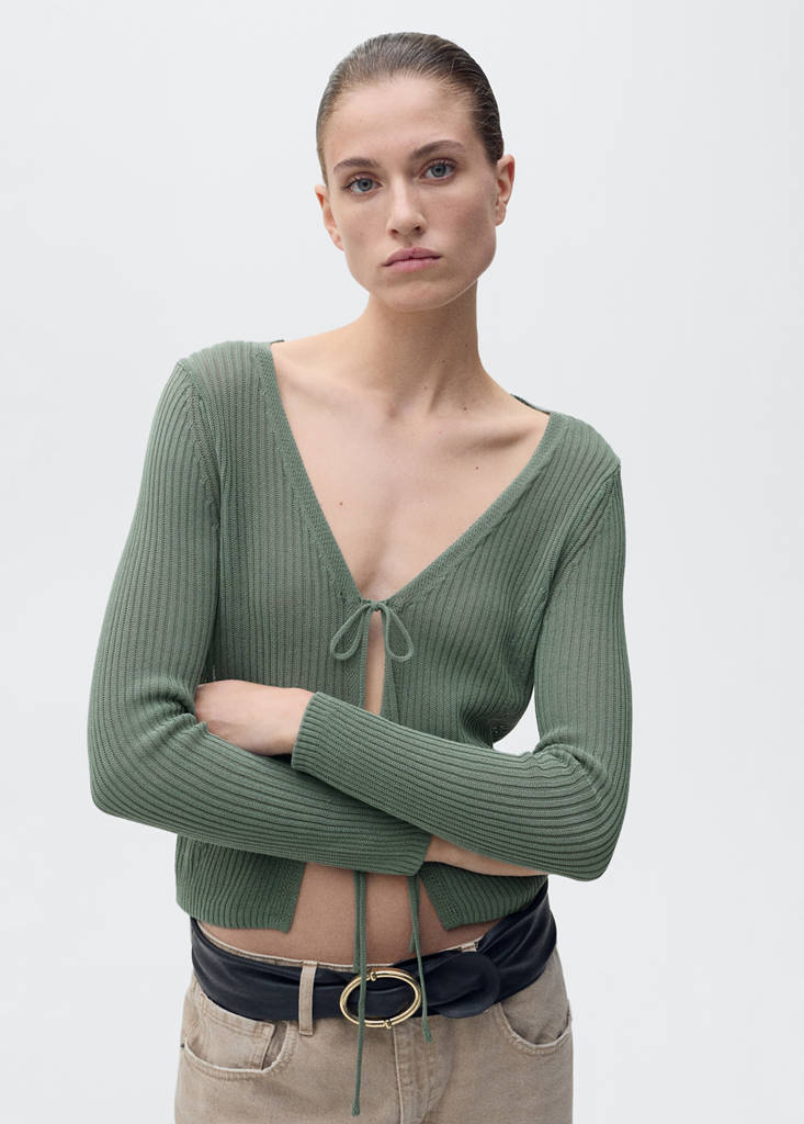 Rib-knit cardigan with bows — Green