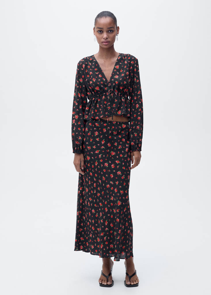 Long floral flared skirt — Black