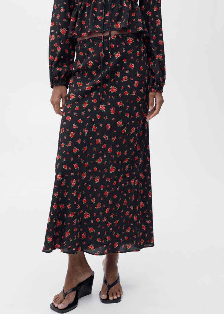 Long floral flared skirt — Black