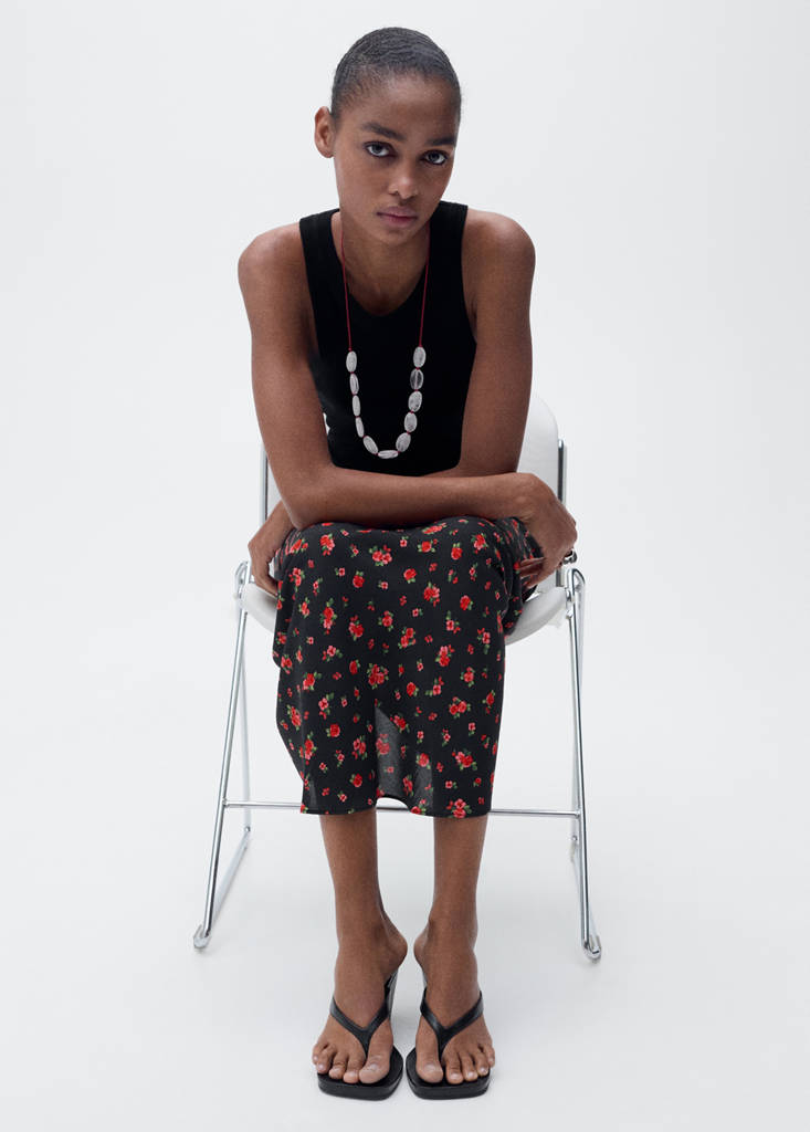 Long floral flared skirt — Black