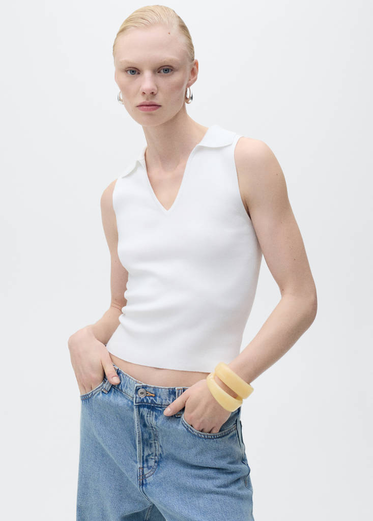 Polo-neck knitted top — Ecru
