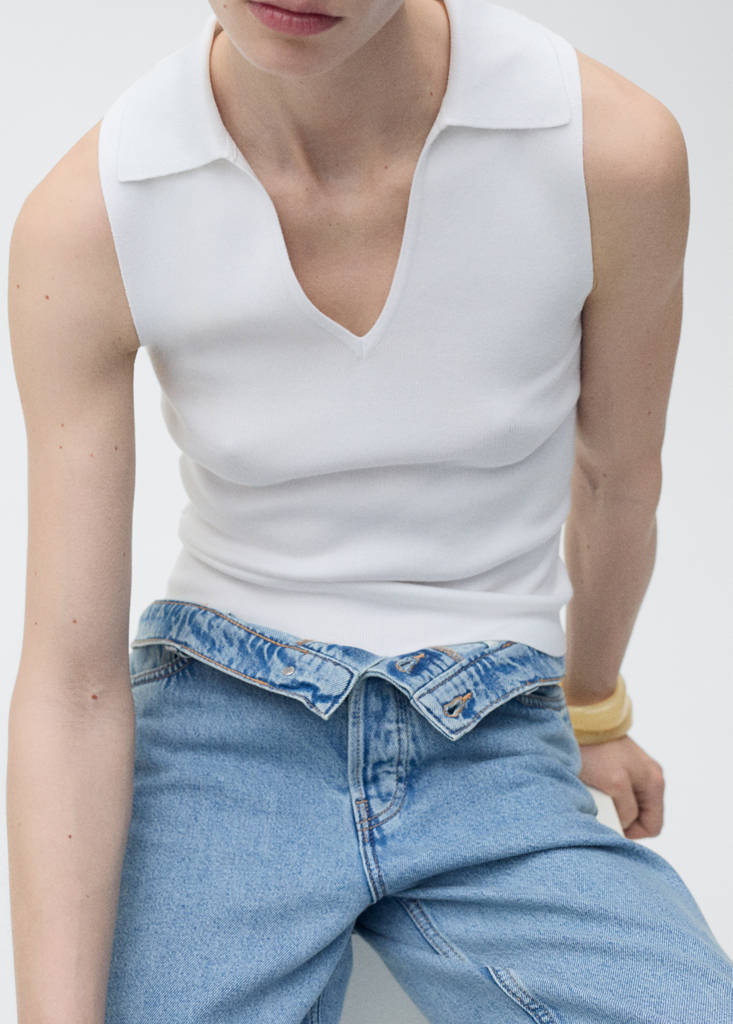 Polo-neck knitted top — Ecru