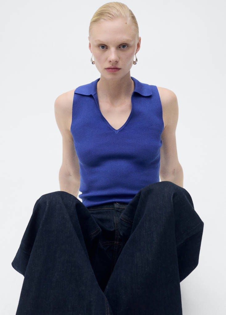 Polo-neck knitted top — Blue