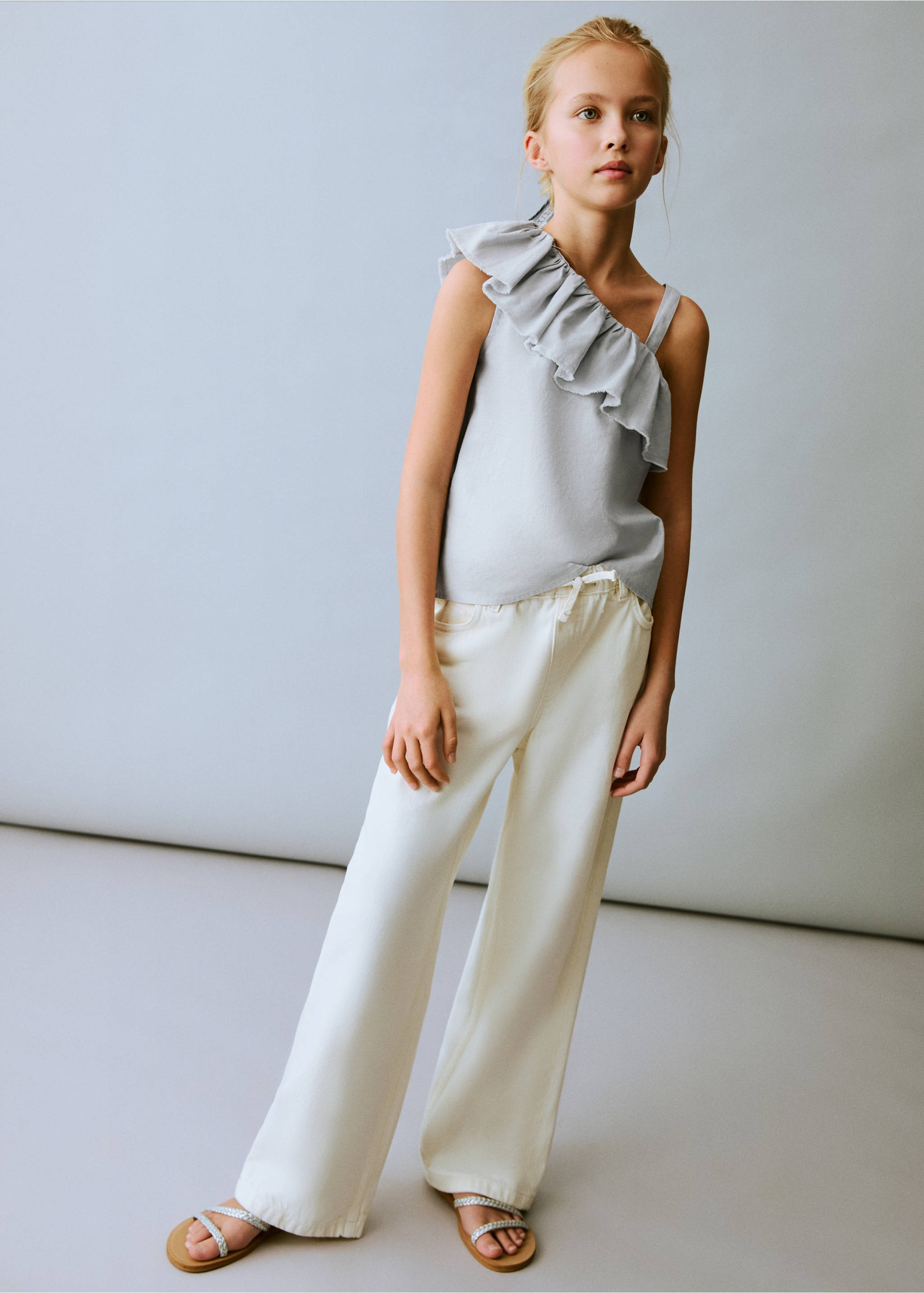 Asymmetrical linen blouse - General plane, Sky Blue. Ref: 87077693-00.
