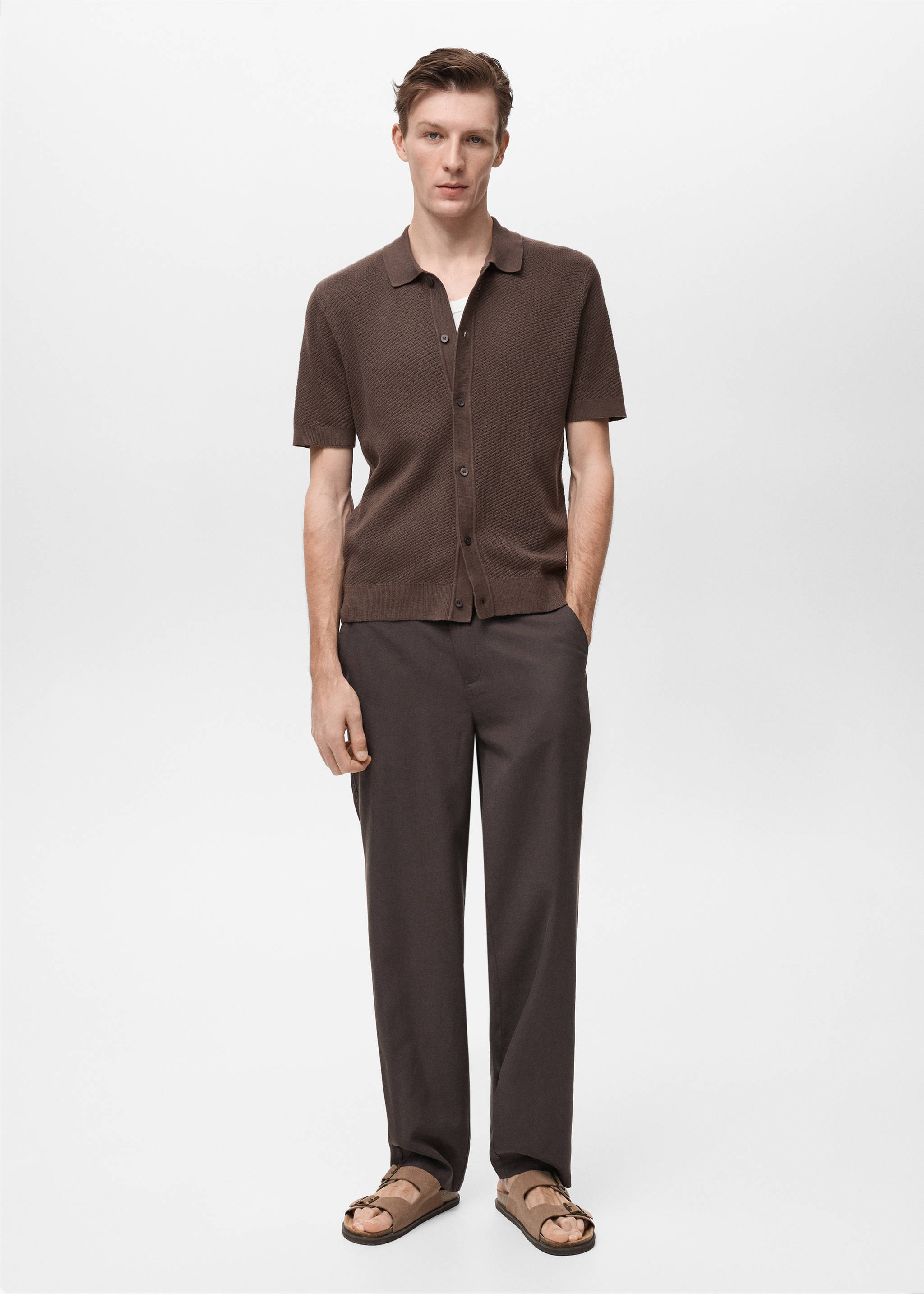 Knitted structured shirt with lace design - General plane, Chocolate. Ref: 87077897-00.
