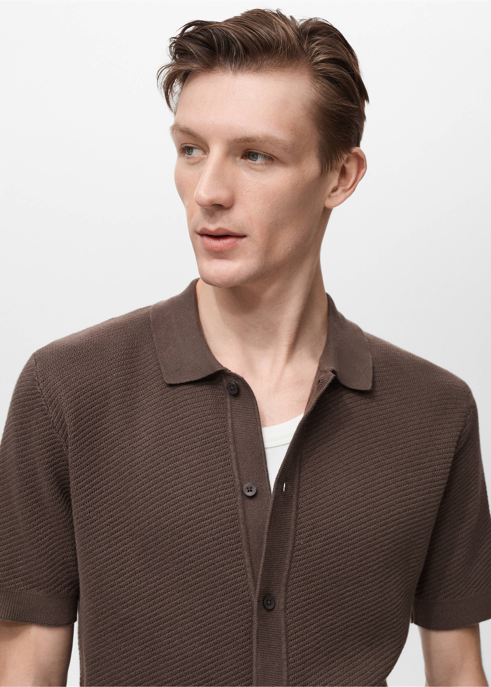 Knitted structured shirt with lace design - Details of the article 1, Chocolate. Ref: 87077897-00.