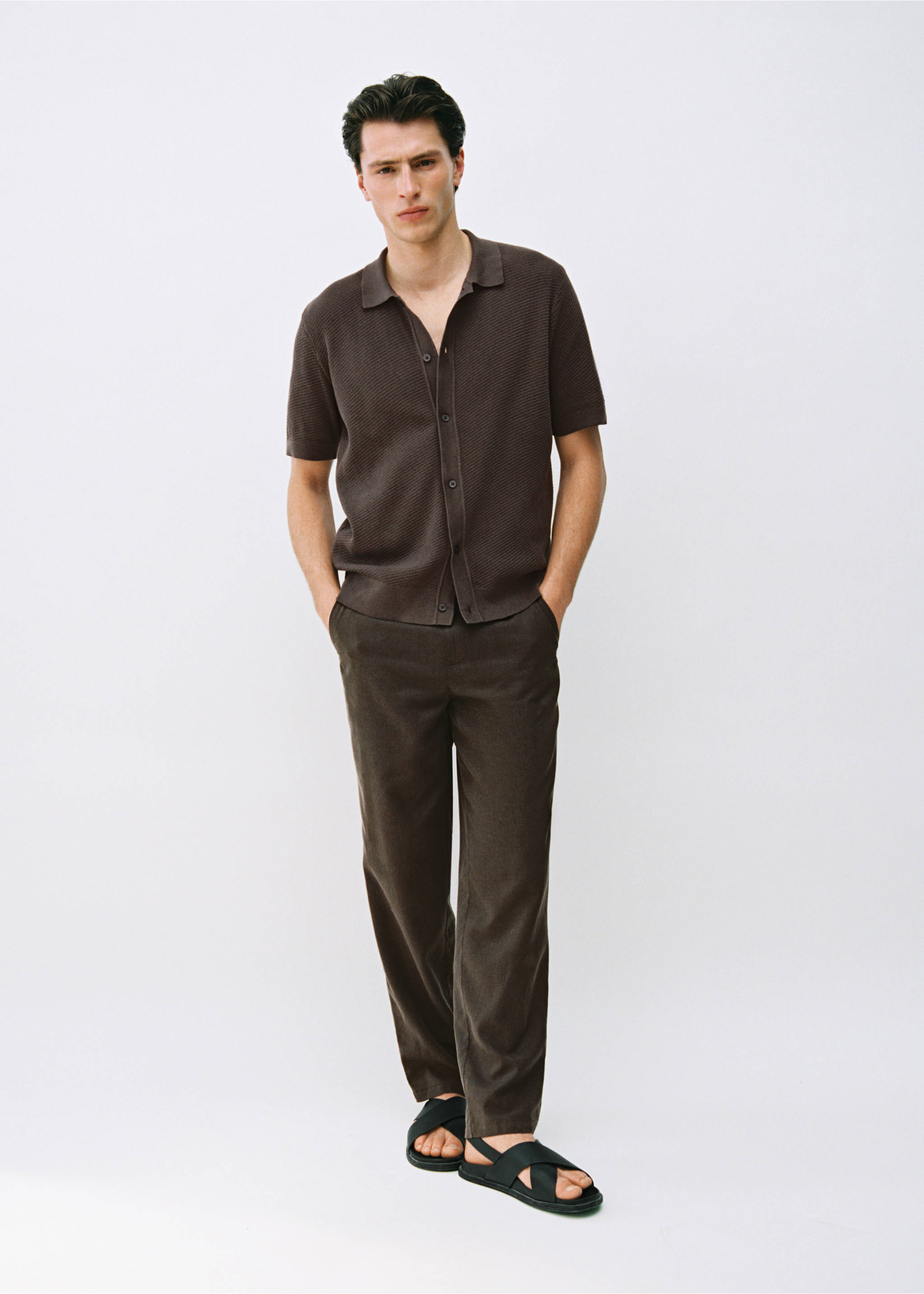 Knitted structured shirt with lace design - Details of the article 3, Chocolate. Ref: 87077897-00.