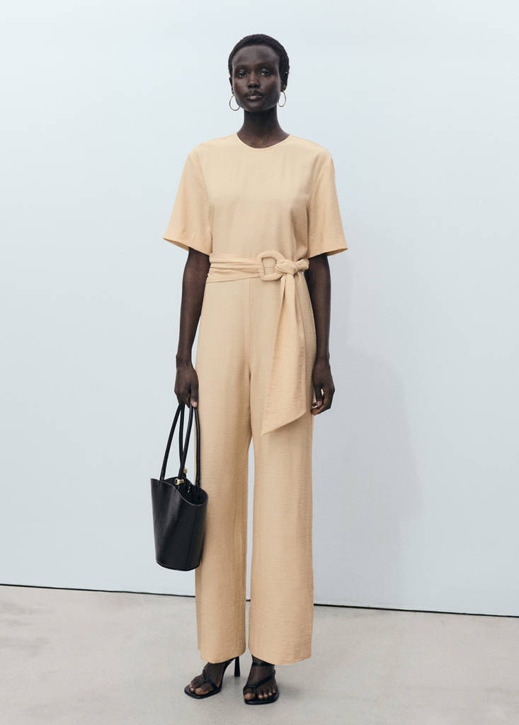 Straight-fit short-sleeved jumpsuit with belt — Ecru