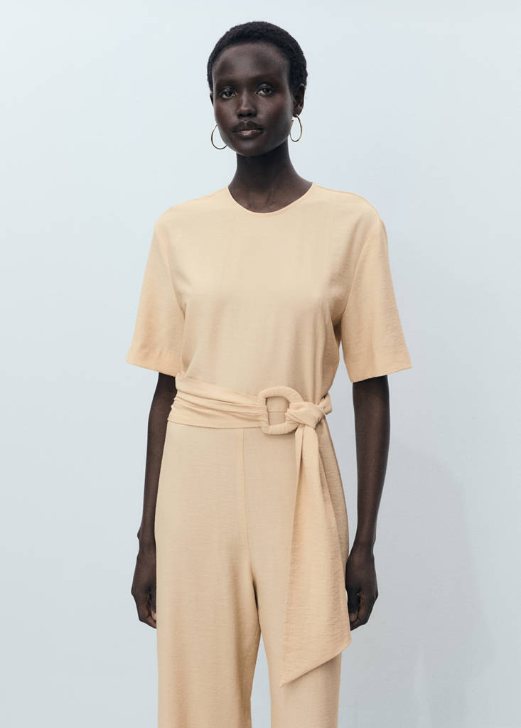 Straight-fit short-sleeved jumpsuit with belt — Ecru