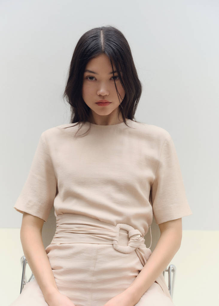 Straight-fit short-sleeved jumpsuit with belt — Ecru