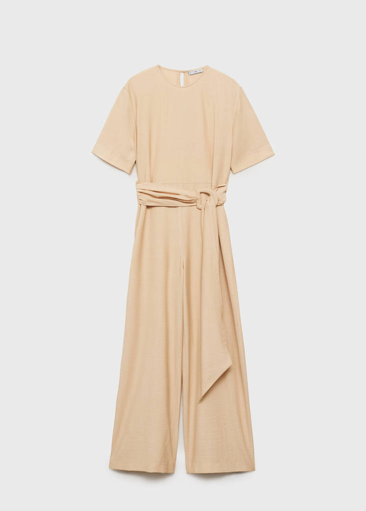 Straight-fit short-sleeved jumpsuit with belt — Ecru