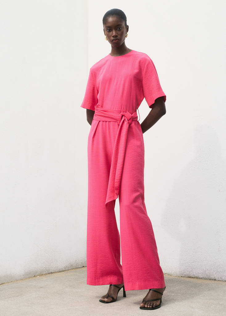 Straight-fit short-sleeved jumpsuit with belt — Fuchsia