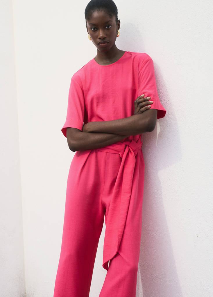 Straight-fit short-sleeved jumpsuit with belt — Fuchsia