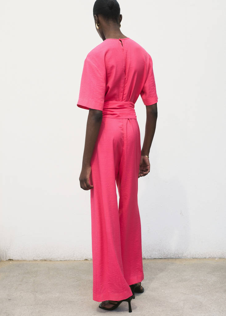 Straight-fit short-sleeved jumpsuit with belt — Fuchsia