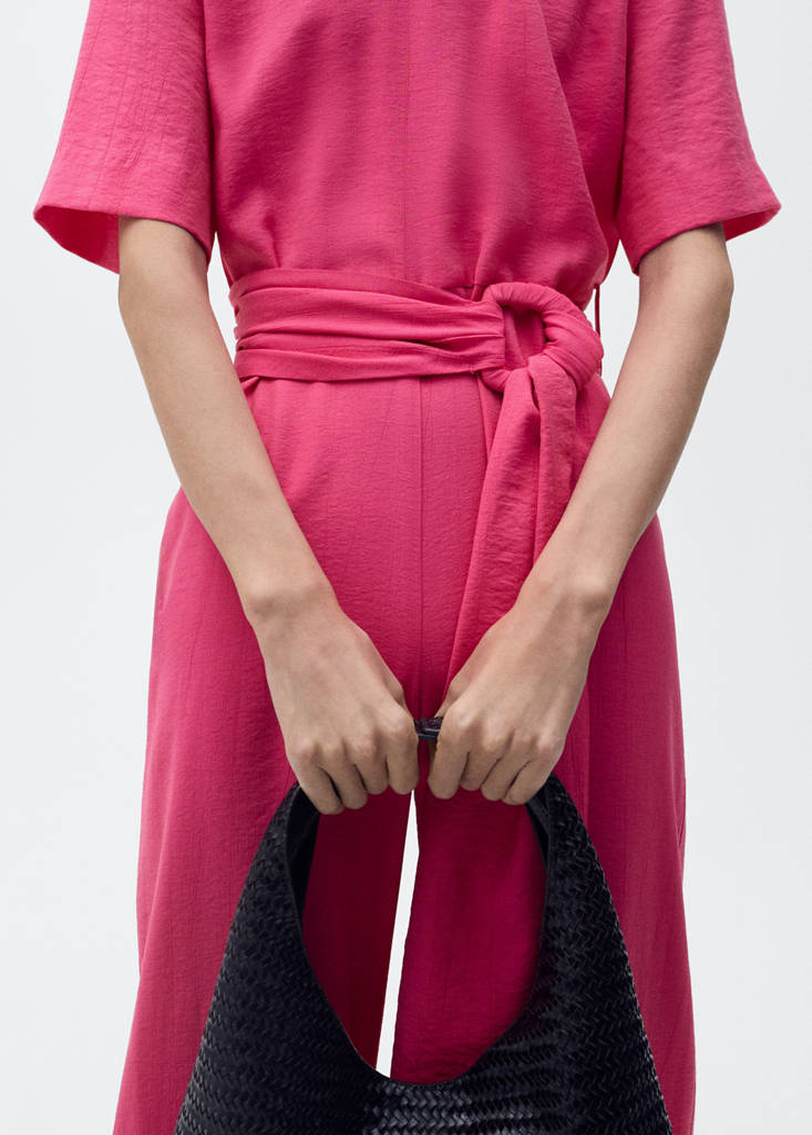 Straight-fit short-sleeved jumpsuit with belt — Fuchsia