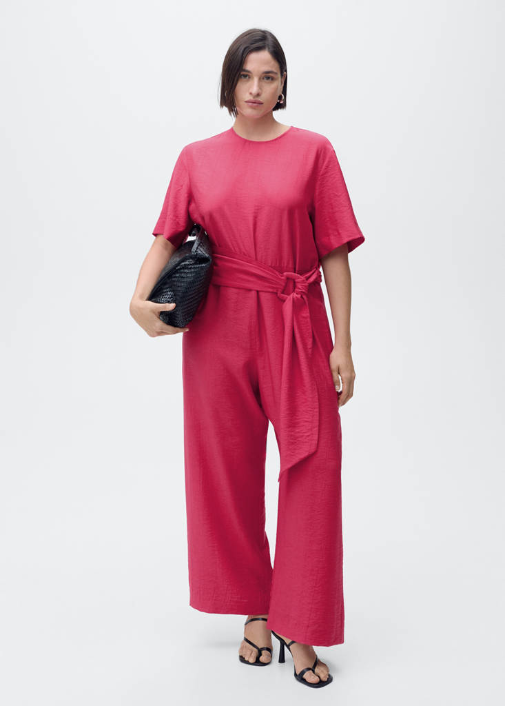 Straight-fit short-sleeved jumpsuit with belt — Fuchsia
