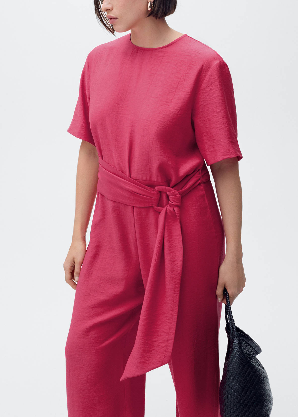 Straight-fit short-sleeved jumpsuit with belt — Fuchsia