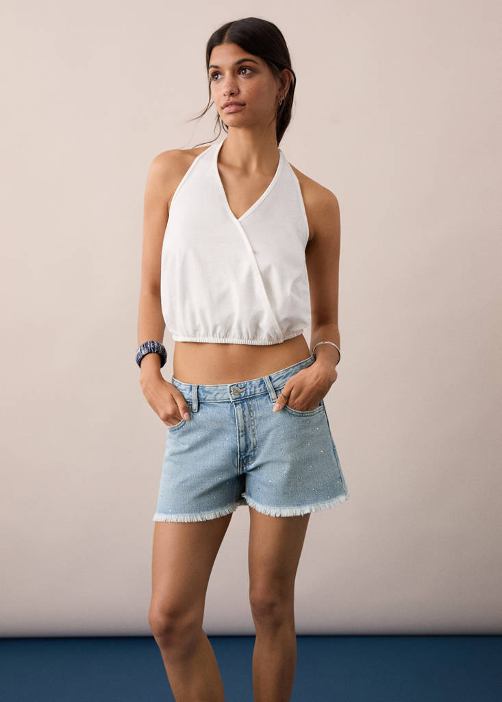 Low-waist shorts with rhinestones — Light Blue