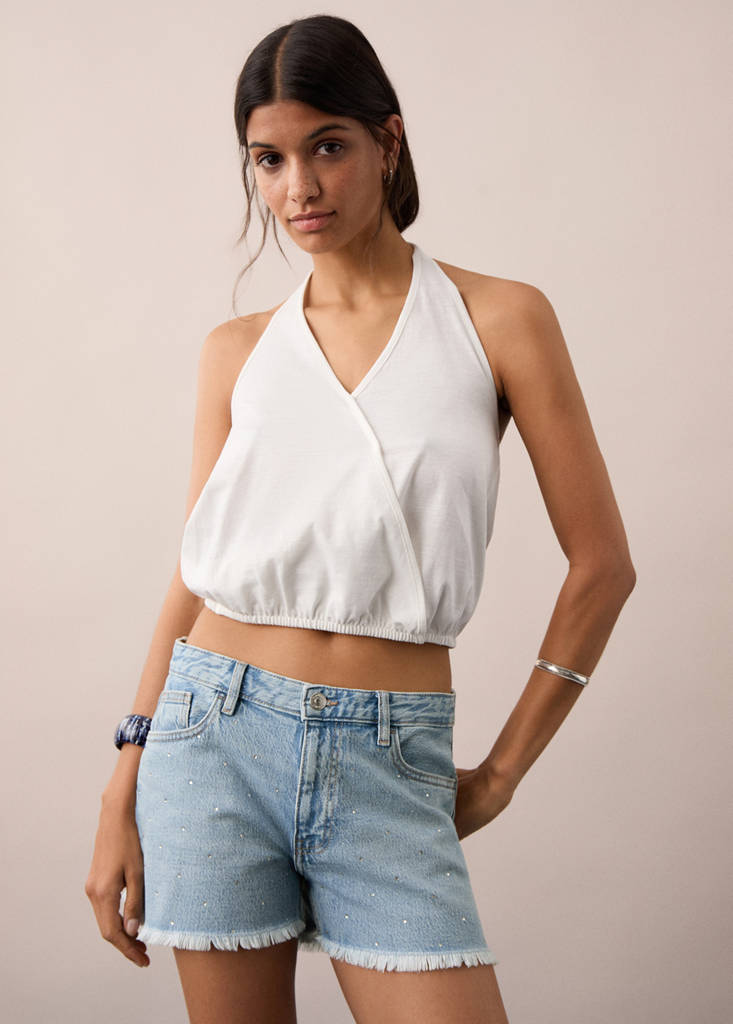 Low-waist shorts with rhinestones — Light Blue