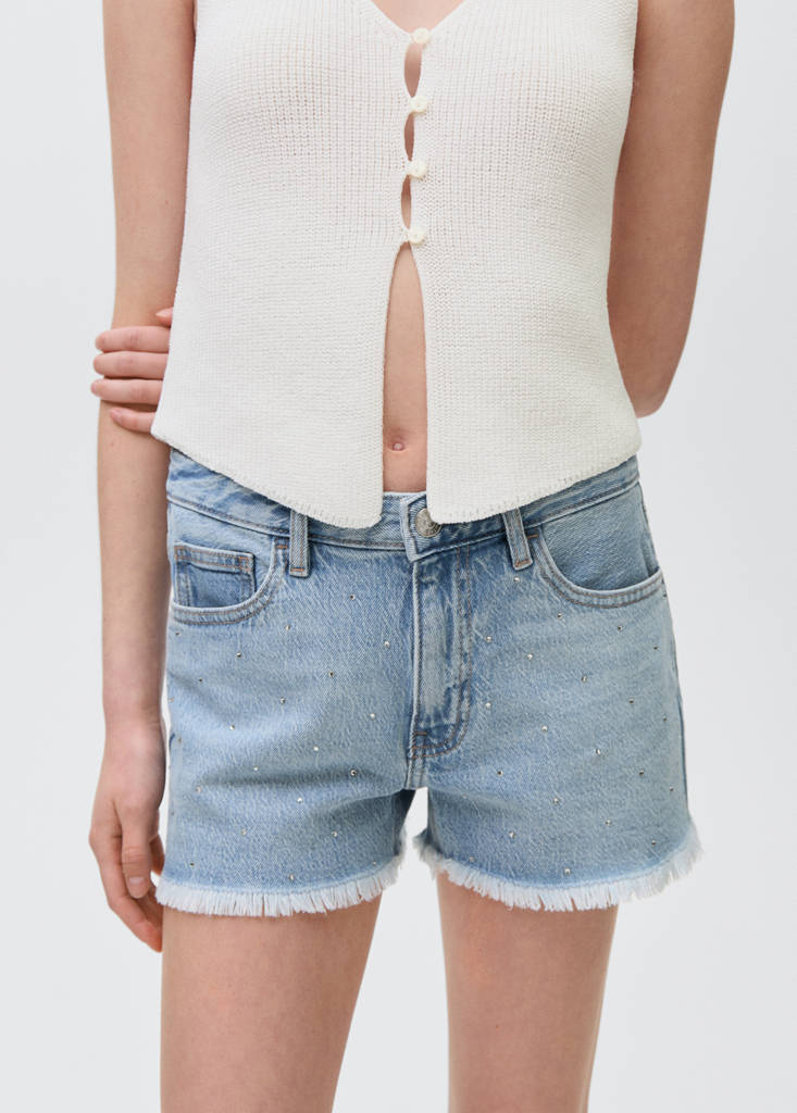 Low-waist shorts with rhinestones — Light Blue