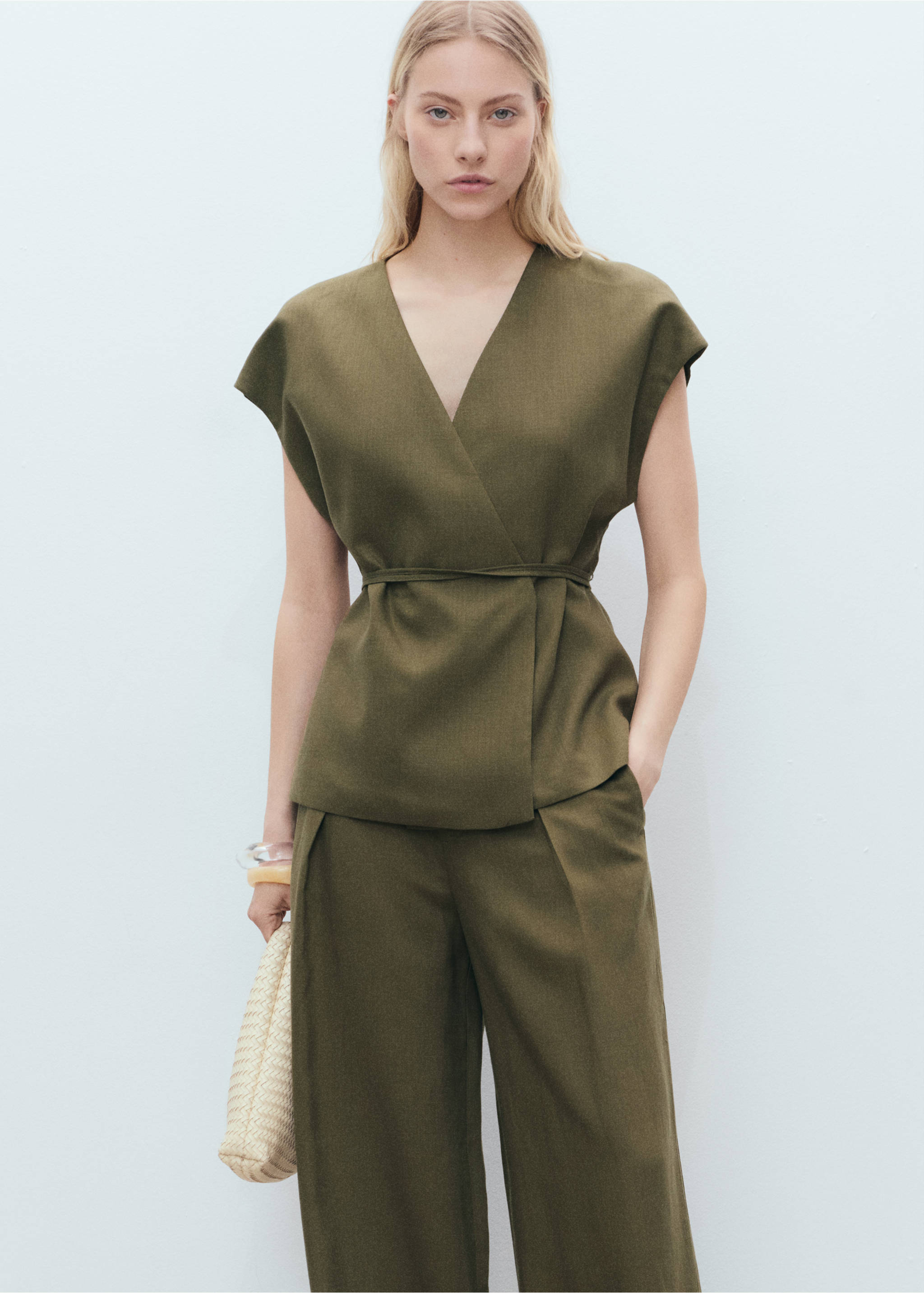 Olive green V-neck sleeveless wrap top with a thin tie waist., Khaki. Ref: 87078640-00.