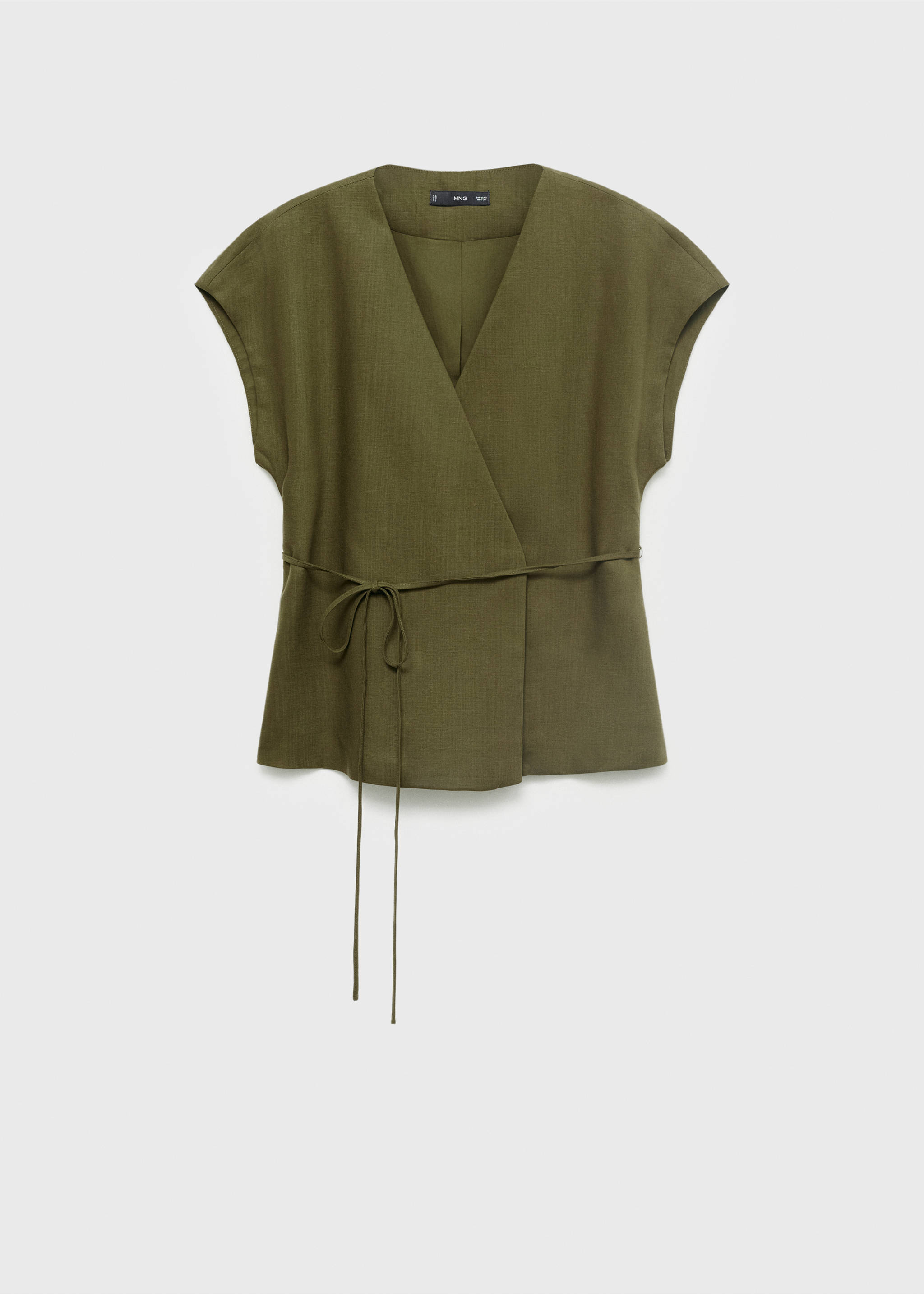 Olive green V-neck wrap top with cap sleeves and waist ties., Khaki. Ref: 87078640-00.