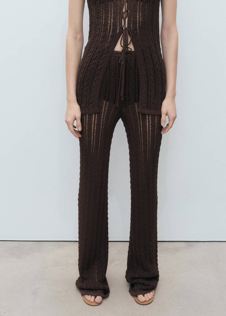 Straight-fit openwork knitted trousers — Chocolate