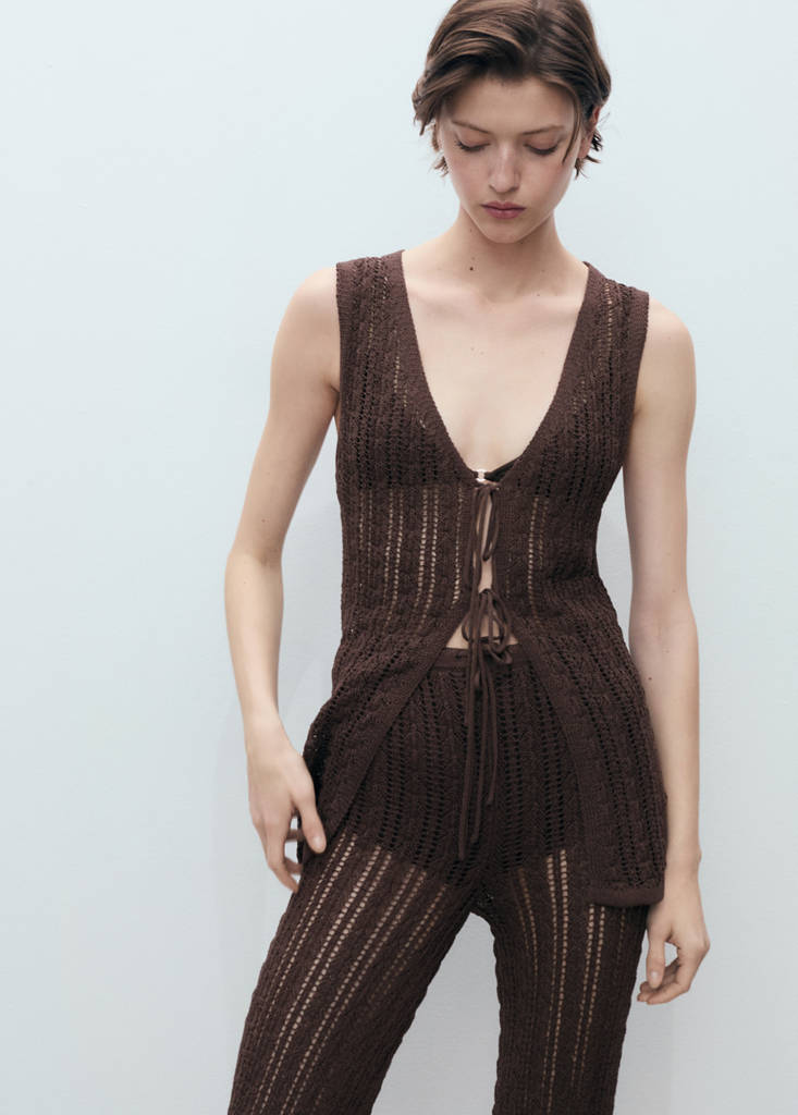 Straight-fit openwork knitted trousers — Chocolate