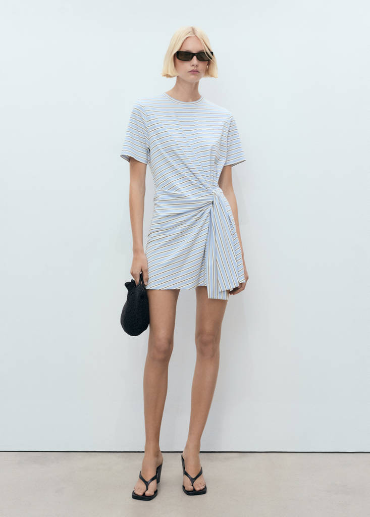 MANGO - Robe courte à rayures et naud bleu ciel - XL