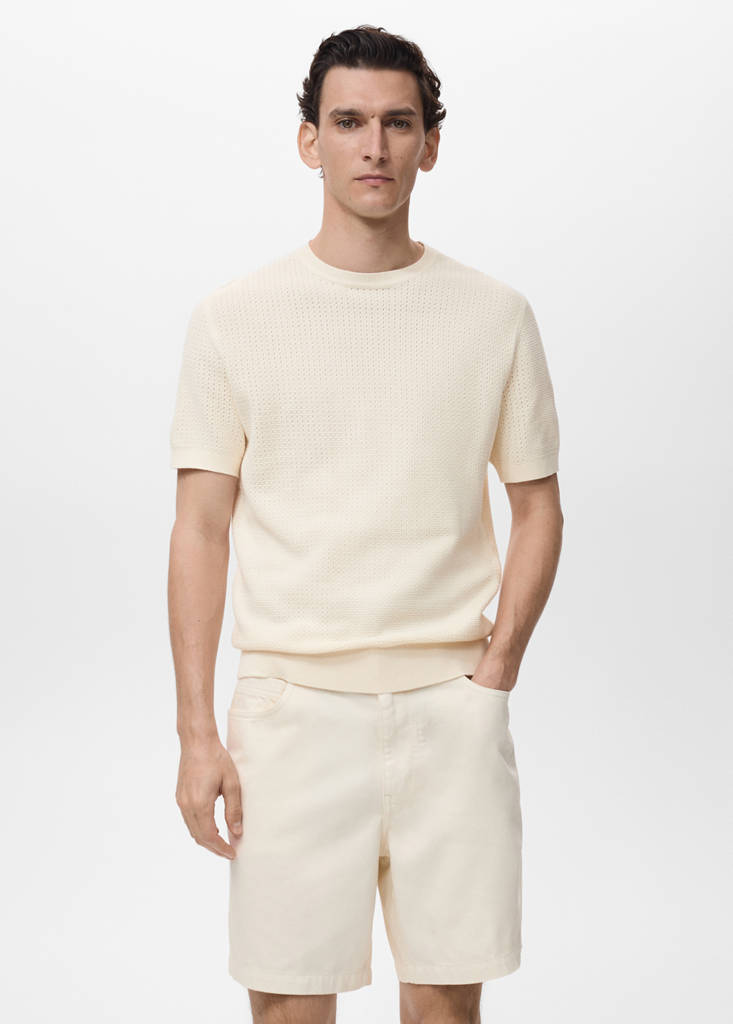 Openwork knitted cotton t-shirt — Ivory White