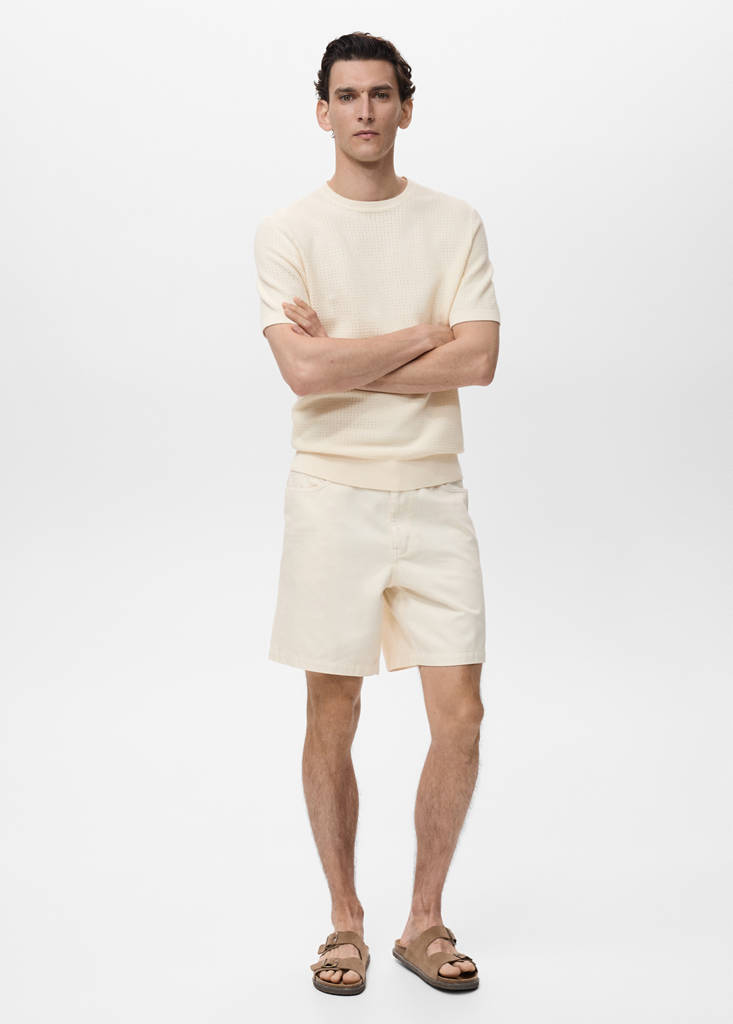 Openwork knitted cotton t-shirt — Ivory White