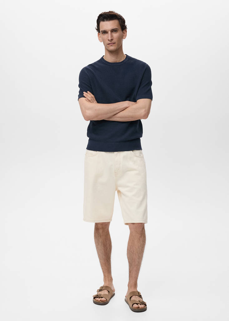 Openwork knitted cotton t-shirt — Ink Blue