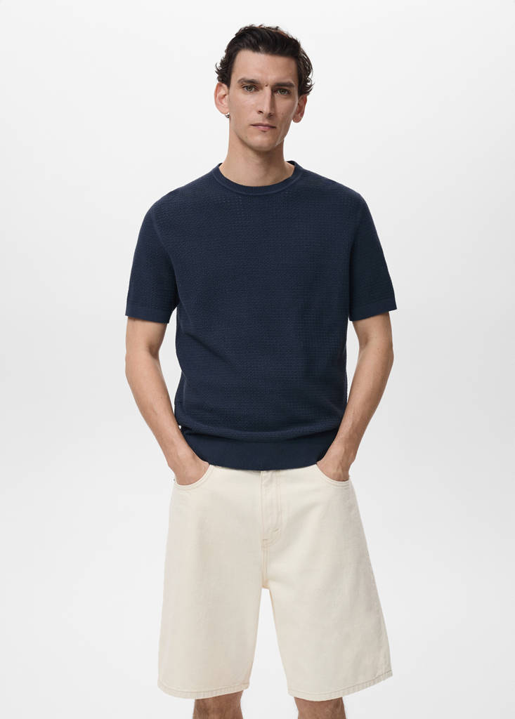 Openwork knitted cotton t-shirt — Ink Blue
