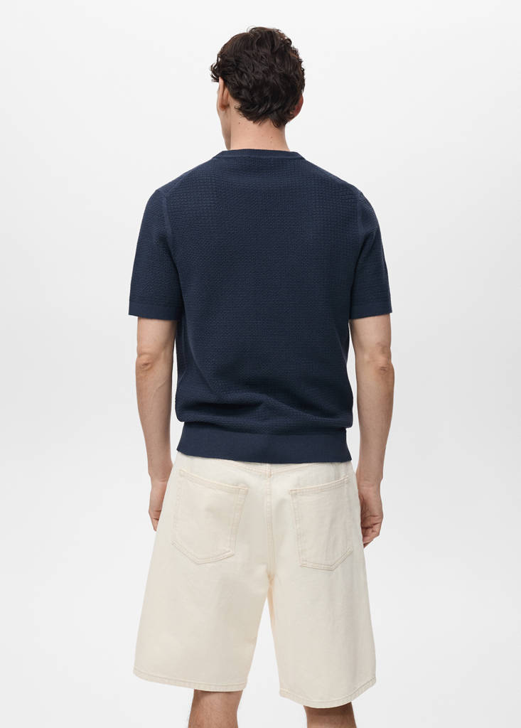 Openwork knitted cotton t-shirt — Ink Blue