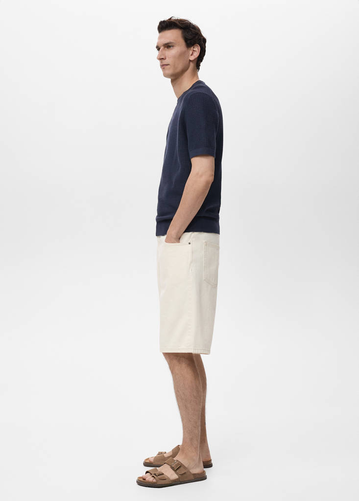 Openwork knitted cotton t-shirt — Ink Blue