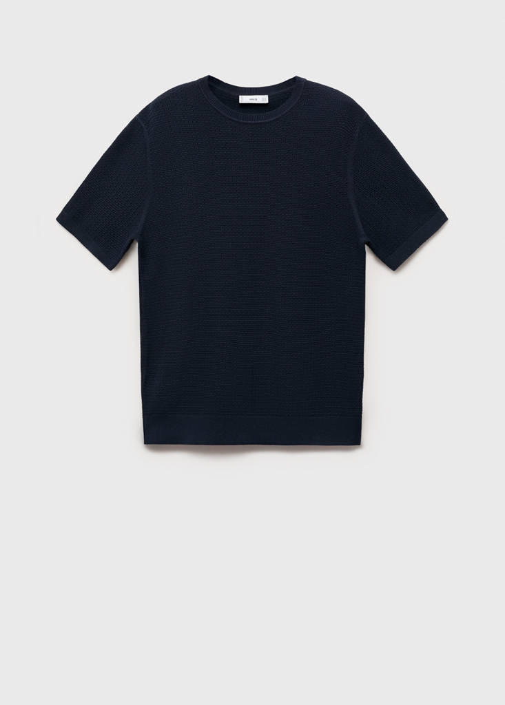 Openwork knitted cotton t-shirt — Ink Blue