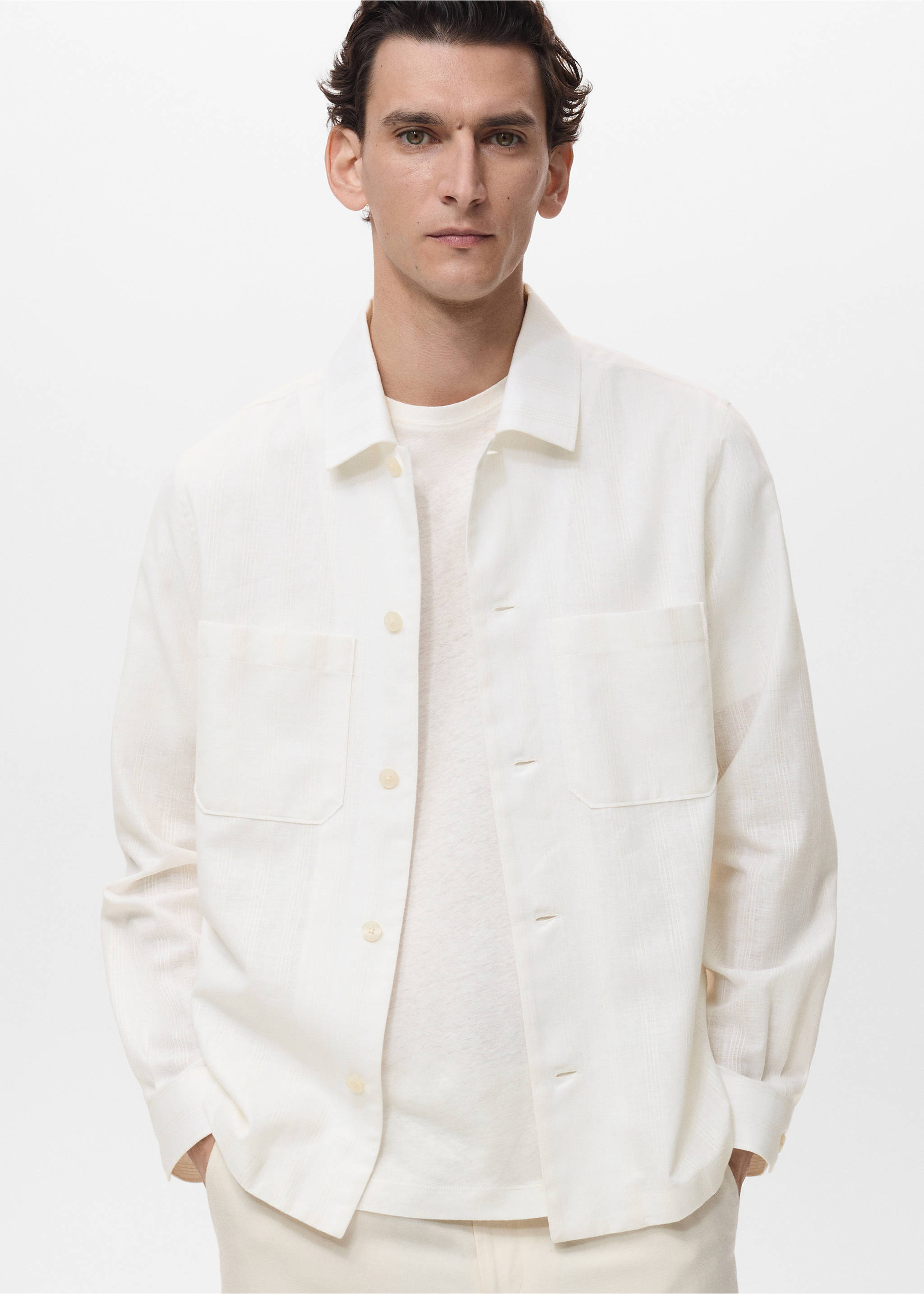 Linen-blend overshirt with pockets - Medium plane, Ecru. Ref: 87079216-00.