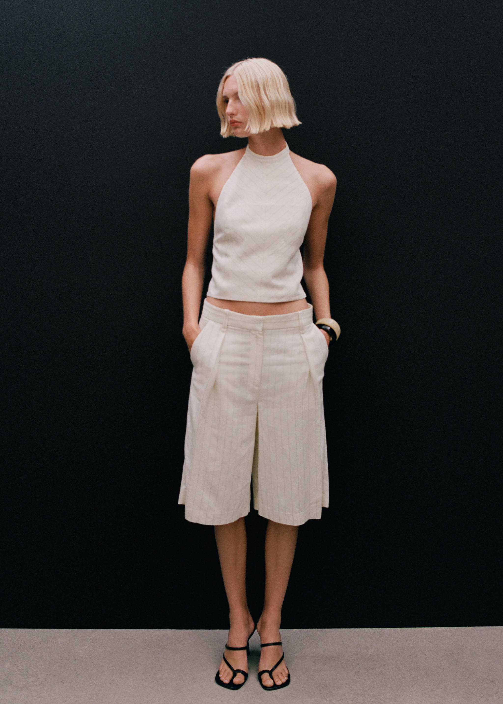 Striped linen-blend bermuda shorts - Details of the article 7, Off White. Ref: 87079217-00.
